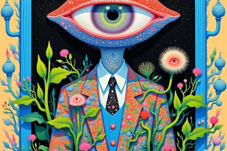  a painting of a man standing in front of the door，There are fish and plants inside , Poster art inspired by Hiroshi Nagai ,  Behance contest winning work , 流行 surrealistic ,  psychedelic surreal art ,  surreal psychedelic design ,  Psychedelic illustratio...