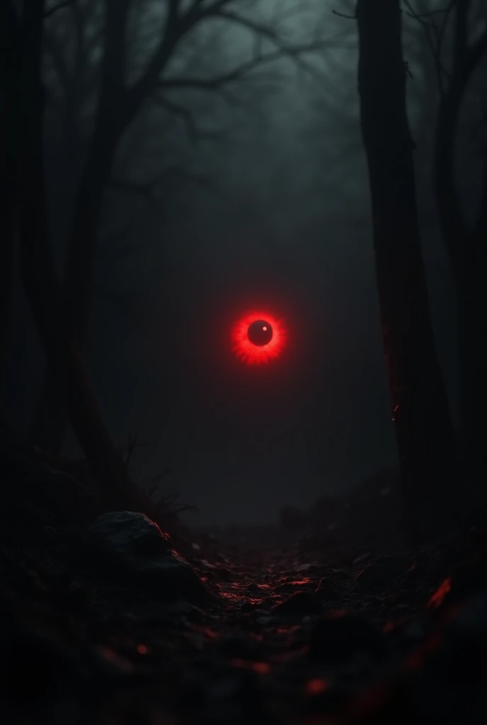 A red eye in the distance in the dark looking directly at the viewer