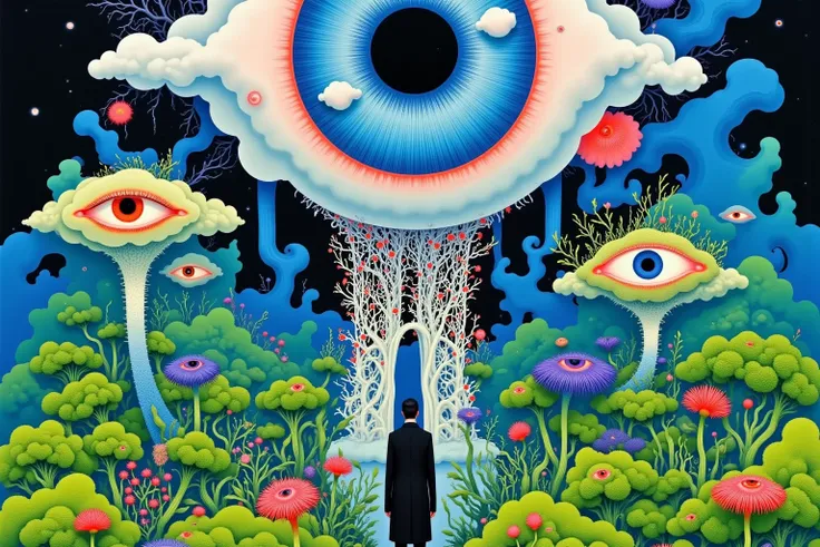  painting of a person standing in front of a huge eye, psychedelic Surreal Art,  Psychedelic illustration ,  surreal psychedelic design ,  Otherworldly visual effects , 流行 -  surrealistic ,  surrealistic ,  surreal illustration , 4k  surrealistic , 日本流行 su...