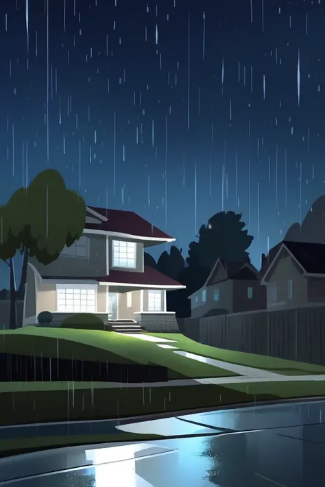 SVFONT, cartoon, masterpice, echo creek high city, suburban neighborhood, backyard, low angle view, rain, night, wide angular