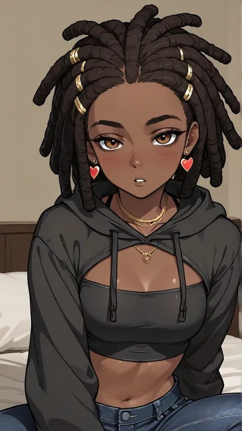 1Girl, Mature, Ebony, African American, Dark Skin, Medium Dreadlocks In Bob, Jet Black Dreadlocks, Brown Eyes, Medium Chest, Black Halter Crop-Top, Black Cropped High-Cut Hoodie, Black Tight Jeans, Jewelry, Heart Earrings, Hair Clips, Looking At Viewer, Bo...