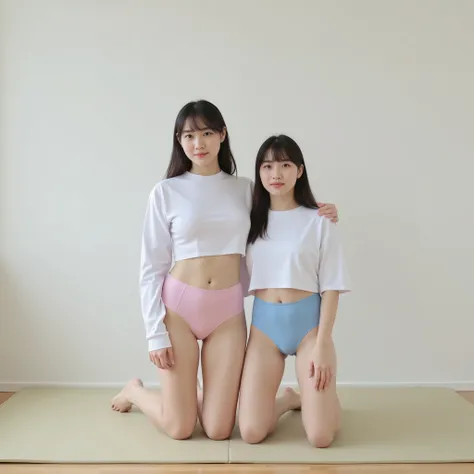 on the mat in the classroom, two of korean women wearing pink bra pink panties and blue bra blue panties are kneeling, with bangs