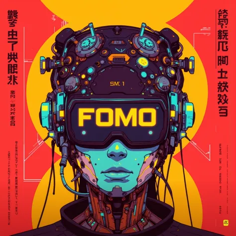 This striking artwork features a futuristic cyberpunk headgear design with a bold and vibrant color palette of red, yellow, and blue. The central figure wears a high-tech visor displaying the text "FOMO," reflecting a theme of digital immersion and psychol...