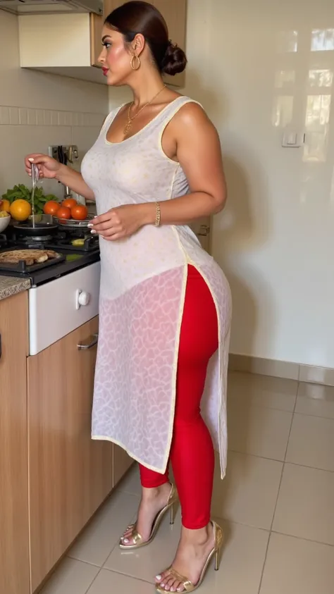 I am 40 year old plus size tall and big giant indian muslim women, looking like indian actress hansika motwani, wearing a gold boarded sleeveless transparent white kurti and shining reflective glossy red knee length leggings ,golden nose rings,nose stud, a...