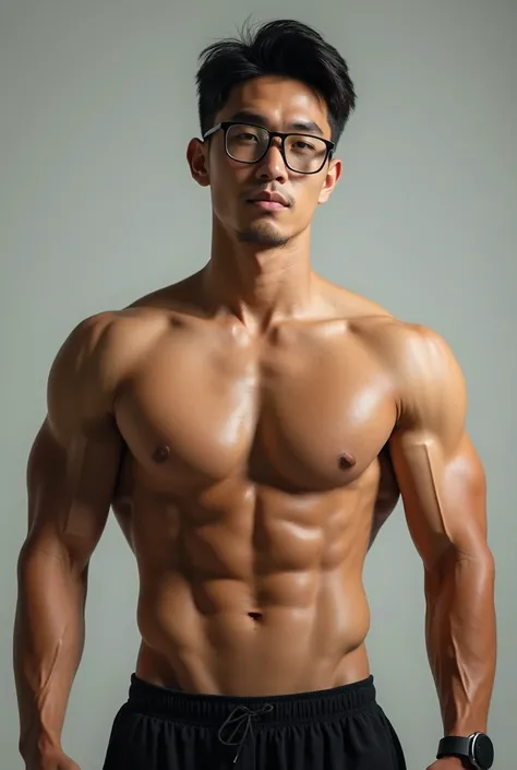 A handsome Asian ager with glasses, with a slim body, broad chest and six-pack abs. sweating after exercising.