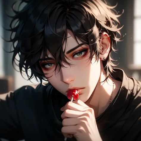 (Masterpiece), best quality, highest quality, highly detailed CG unity 8k wallpaper, original, high resolution, (depth of field: 1.5), fidelity: 1.3, 1guy, dark circle under eyes, black hair, messy hair, sucking a lollipop, mature, tired, gothic clothing, ...