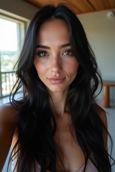 woman with long black hair standing in a room with a balcony, (Frontal photo), selfie photograph 8k , 30 years old woman,  30-year-old woman , meni chatzipanagiotou,  professional image, NFT portrait, Front photo in close,  Front portrait , wide angle port...