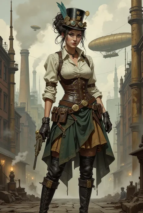 **"A captivating steampunk woman standing confidently in a bustling, industrial cityscape filled with gears, steam pipes, and brass architecture. She wears a tailored brown leather corset over a white high-collared blouse with puffed sleeves, paired with a...