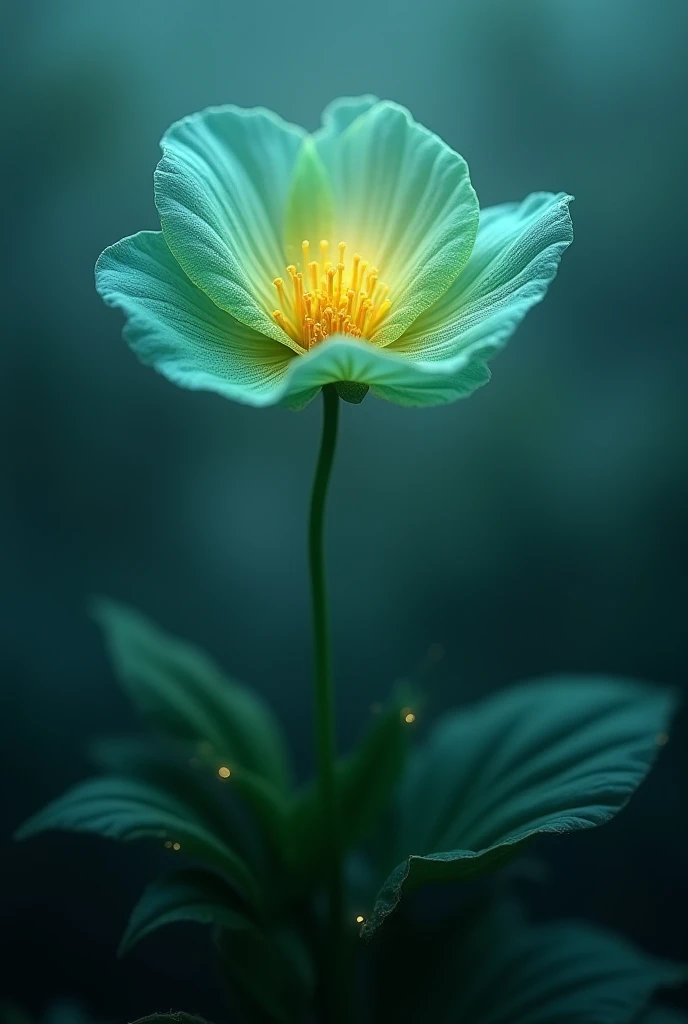 green petals,Blue leaf veins , dark green stems and leaves , yellow protrusion in the center of the flower that emits light,Make the yellow part glow,plant,fog-like effect,powdery effect