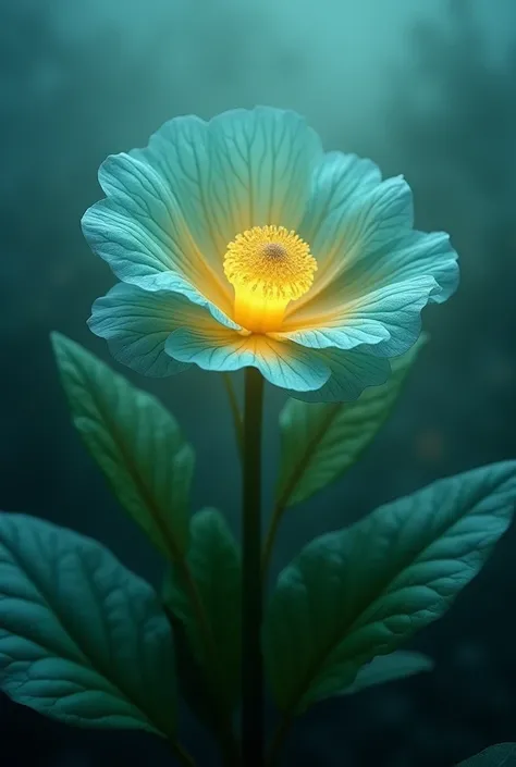 green petals,Blue leaf veins , dark green stems and leaves , yellow protrusion in the center of the flower that emits light,Make the yellow part glow,plant,fog-like effect,powdery effect