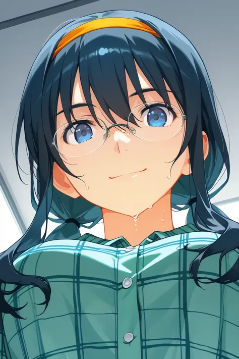 saori_makishima,1 female,solo,

Extreme close-up under the chest, low angle, smile,

I_,wet black hair,low twintails,blue hair, long hair,half updo,hair between eyes,blue eyes,looking at viewer,

shirt,glasses,headband,plaid shirt