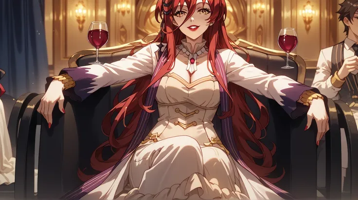 grimm grimoire, grimm grimoire from Sentouin, Hakenshimasu!, happy expression on her face,1 girl,red lipstick, sitting in a clearing, in an evening dress, gold jewelry, a glass of wine