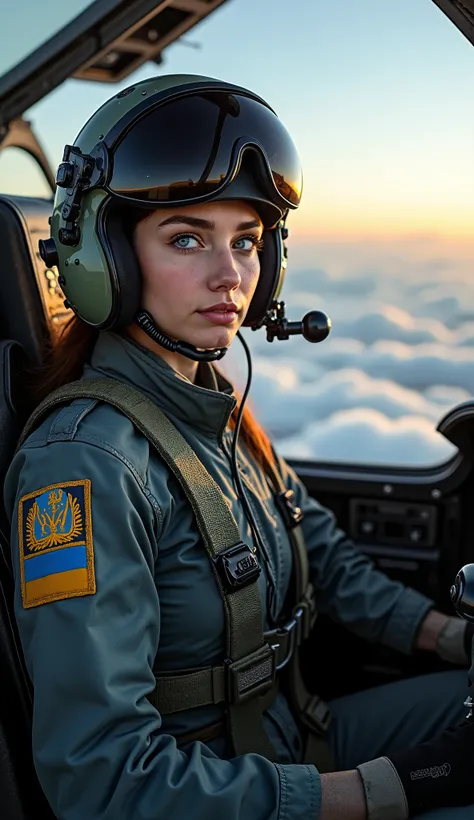 A stunning Ukrainian woman, approximately 20 years old, is seated confidently inside the cockpit of a state-of-the-art fighter jet, likely a Sukhoi Su-27 or its modernized counterpart. Her striking features, complemented by her piercing blue eyes and a cal...