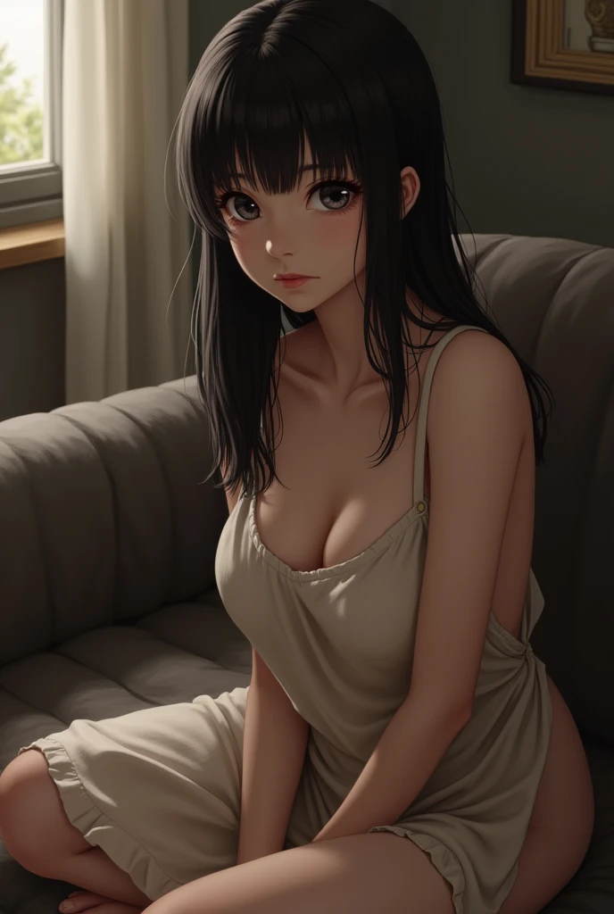 A girl with black hair and black eyes without clothes, only a cosina apron, which is what covers her naked body, is sitting on a sofa watching the spectator. 