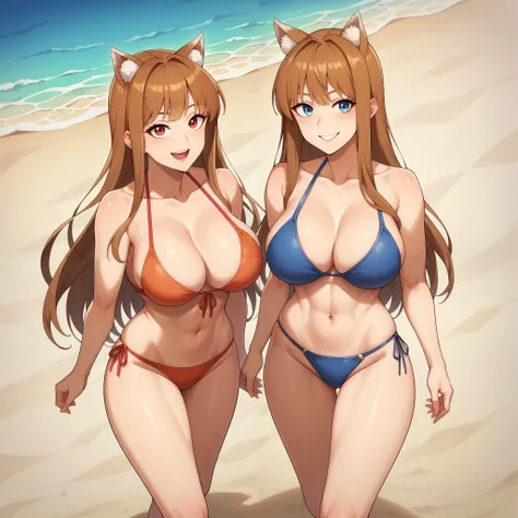 holo (and Wolf )  brown hair  , Ojos rojos,  animal ears , Ojos rojos ,  flirty smile, pechos grandes, bikini escarlata, , is walking on a beach soleada,  long hair., pale skin, big breasts size D, Golden bikini, .  is walking on a beach