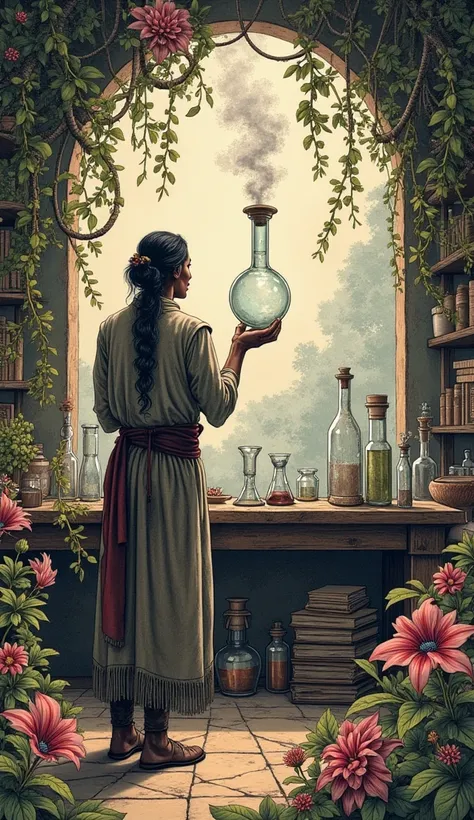 A highly detailed WOOD PRINT and engraving-style illustration that exudes a serene and mystical atmosphere, all in engraving style. In the background everything is clear, it's daytime. 
A well-enlightened alchemist is working in his laboratory carrying out...