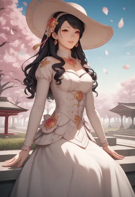 score_9, score_8_up, score_7_up, source_anime, 1girl, 1girl, solo, astrayao, 1girl, long hair, black hair, dress, jewelry, hairband, earrings, long sleeves, red eyes, dress, hat, sun hat, beautiful, hair ornament, park, cherry blossoms, falling petals, cow...