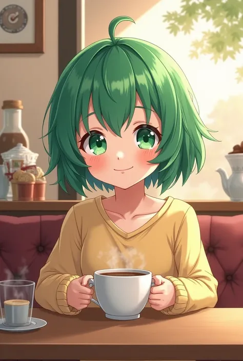 anime girl green hair and eyes loli type body in a cafe  