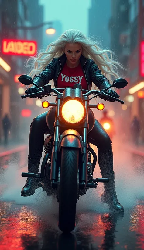 Create the Marvel storm girl on a motorcycle with text, clothes written, Yessy ,In the city illuminated by the lights y , It just rained,humo,Of the city the image has the three primary colors 