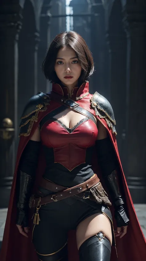    high definition ,   anatomically accurate ,   Ultra Fine,   skin texture around chest , woman、((   black bellied short hair split in the center  )),   Big Breasts at the Temple、((( a fantasy world cape with black and red armor and accessories))),   Swor...