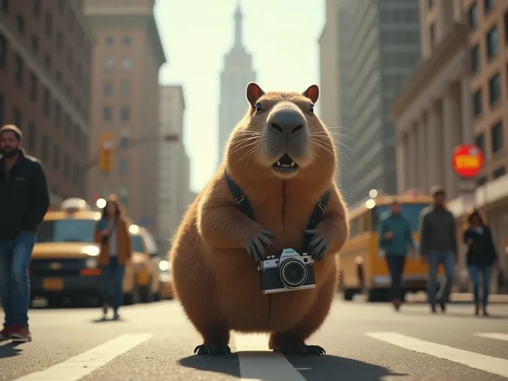 Capybara walking the streets of New York, with a camera hanging around my neck. The capybara must occupy 30% from the image