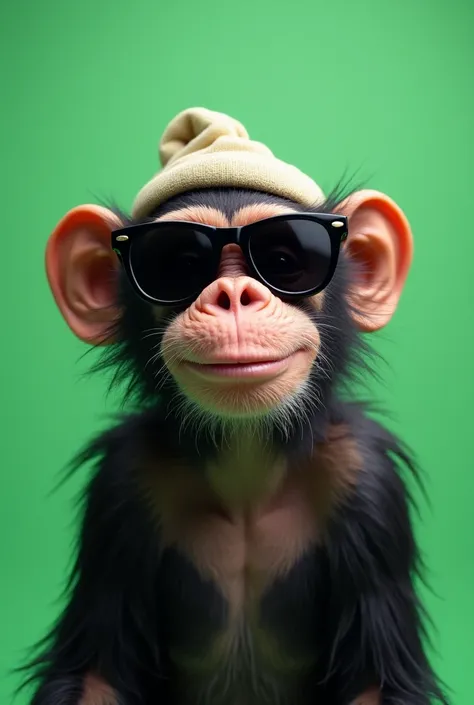 Curiopithecus wearing black sunglasses with a condom covering his head and a big mocking smile,  the background is a green screen ready to be replaced by any photo or video