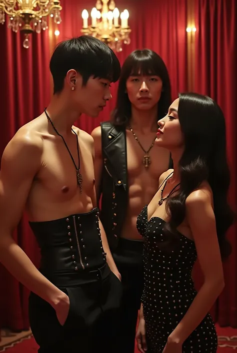  Make an image of a Moulin Rouge-themed nightclub . Make them look like a kpop idol.
Make a man and a woman looking at each other with desire. And make a man with long hair watching them in the middle, Focus on his face watching them both with desire 