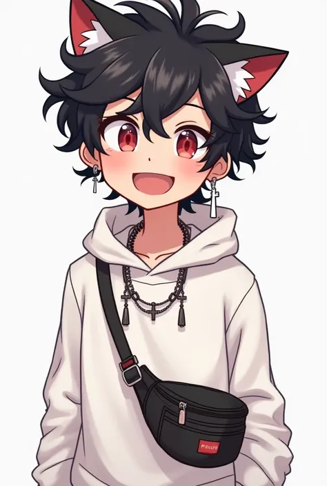 Male cartoon character curly hair black cat ear red eyes smile cross earring cross chain white hoodie and a fanny pack 