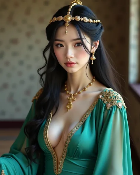  Generate an image of a beautiful young Chinese woman sexy goddess, queen,  an overwhelming beauty and feerica , Dilraba Dilmurat, extremely thin,  pale skin,  posing differently , in a bright room environment ,  large and bulky breasts ,   black hair , lo...