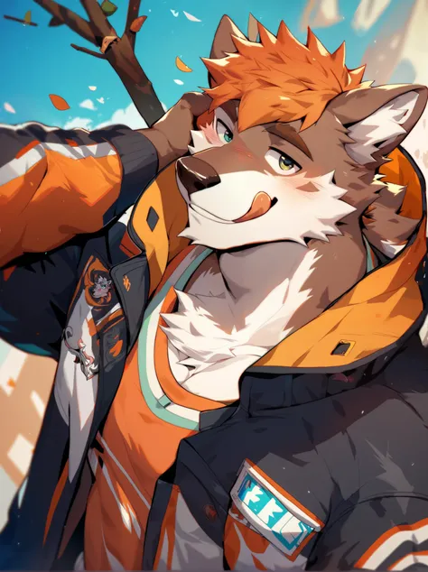 male black wolf， white fur ,    brown body, bluish
Eyes ,  orange hair ，Smile and stick out your tongue ，Source code_  furry , jacket,   streetwear , Blep, Fraction_7_up, by littleblackalas 