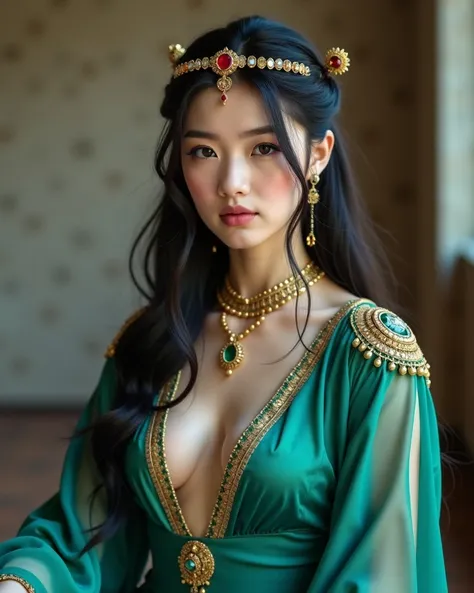  Generate an image of a beautiful young Chinese woman sexy goddess, queen,  an overwhelming beauty and feerica , Dilraba Dilmurat, extremely thin,  pale skin,  posing differently , in a bright room environment ,  large and bulky breasts ,   black hair , lo...