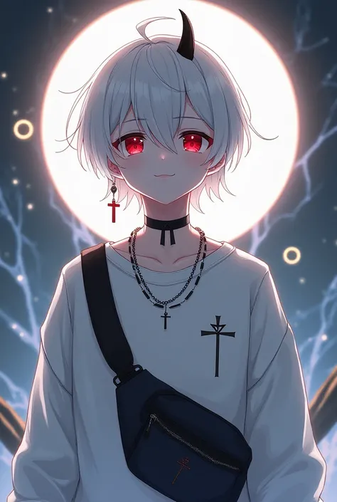 White-haired anime character with a little horn on the front and a floating ring altar boy red eyes smile white sweatshirt cross earring cross chain and a fanny pack 