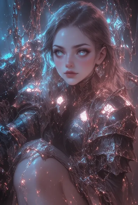 Create a hyper detailed photograph of a tattoos young sexy female berserker deathknight, Stunningly perfect gorgeous soft feminine face, perfect makeup, detailed vibrant Florent neon eyes, long hair, high detailed beautiful legs, high detailed beautiful ar...