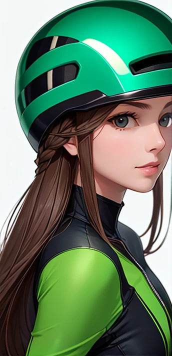 woman, skull helmet, long hair brown, normal, she is solo, from alternative world ,best quality, realistic, cycling green black color suit and cycling sports shorts