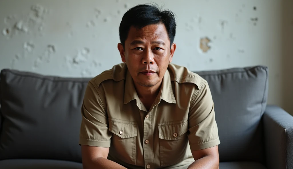 professional photo, photography, 8k high resolution, 45 year old Indonesian man, short black hair, gloomy facial expression, wearing a light brown adventure shirt with two pockets on the chest, light brown trousers, sitting on a gray sofa, in a simple hous...