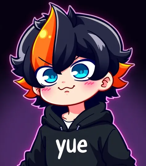 Sonadrawzstuffyt style A vibrant anime chibi boy with short black hair and orange highlights, showing skepticism .  Wide blue eyes frowning slightly , Mouth slightly expressing joy, head tilted. Wearing a cozy black hoodie with the text 'yue'.  bold outlin...