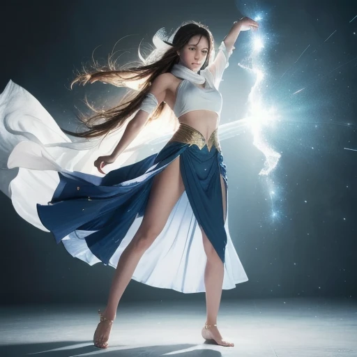 Masterpiece,  best quality,  is present, ( 1 girl: 1.3), blue gold white clothes ,  shawl long hair ,  jump, Leap, dance,  green gold white clothes,  long skirt,  long scarf , Flowing, Light Armor,  white skin like snow,  shoulder out,  full body, (from be...