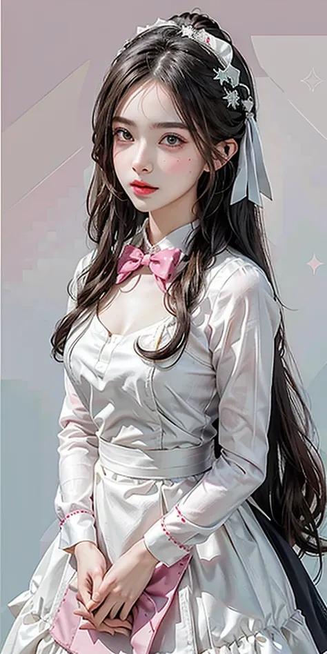 :p,bell,bow,bowtie,choker,collar,hair between eyes,hair ornament,halftone,halftone background,heart,heterochromia,jingle bell,long hair,long sleeves,looking at viewer,maid,maid headdress,neck bell,pink background,polka dot,polka dot background,solo,tongue,