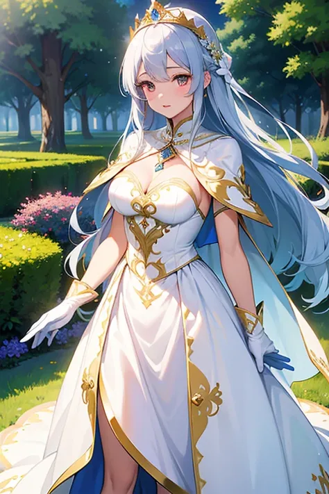 (( best quality)), ((Masterpiece)), (  Details),  1 girl,  sexy、 White and Blue Classic Long Dress(gold thread embroidery)(Design with a widened skirt)(white light coat cape)、 Long Blue Gloves 、 Golden Tiara 、 Long Blue Silver Hair 、 red eyes、Babyface Beau...