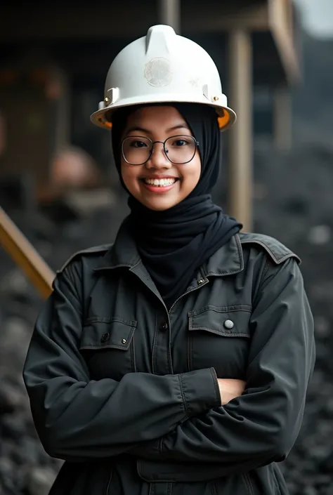 Generation a beautiful woman was works as coal miners with black hijab and wearing a white helmet while smiling