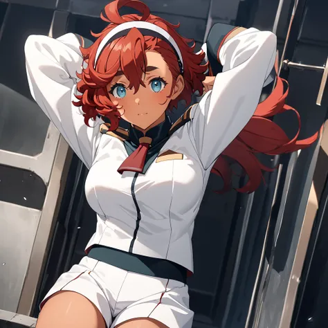 top quality, 1girl, solo, female focus, arms up, suletta mercury, long hair, bangs, blue eyes, ahoge, red hair, hairband, low ponytail, school uniform, shorts, white shorts, asticassia school uniform, white uniform, long sleeves, upper body, looking at vie...