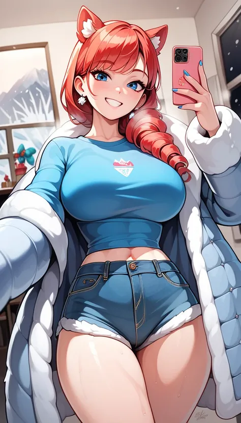  Ultra cute, ultra sexy, ultra bouncy, ultra curvy, ultra feminine, large breasts, ((Busty Bitches)), Korean girl, red hair, cheeky smile, traditional fur winter coat, ringlet blue shirt, blue designer denim miniskirt, heavy snow, cold, frost, taking selfi...