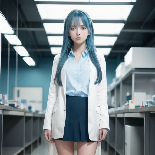 Masterpiece, 最 High Quality ,  High Quality ,  high resolution,  1 girl, Alone, Aqua ( konosuba),   blue hair ,  long hair, blue eyes,  white shirt ,Long white coat, black office skirt ,   thighs,  full body,  is standing,  put his hand in his pocket, ,  t...