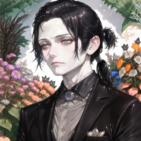 painted art style, paint style, attractive features, detailed features, pseudo-realistic style detailed colouring, detailed style, semi-realism, masculine ((adult male servant, short black hair tied in a ponytail, pale skin, grey eyes, wearing a black suit...