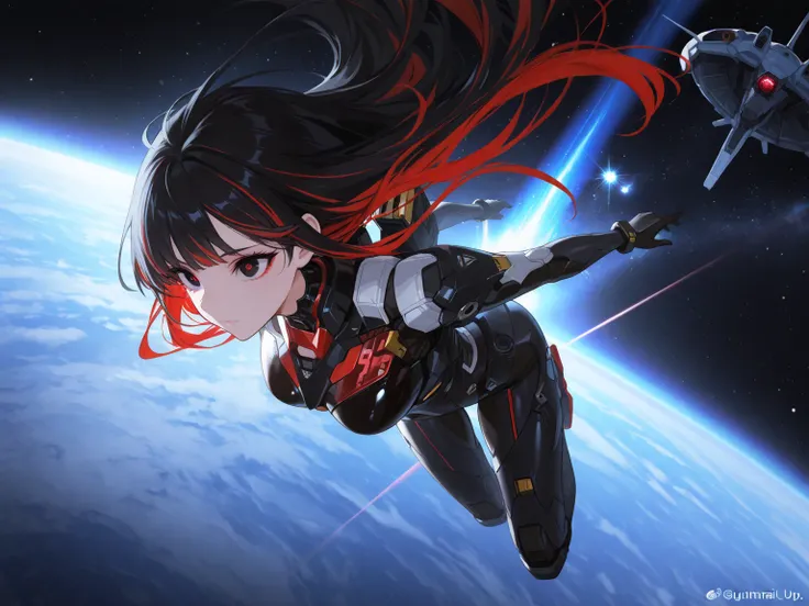 ( maximum resolution,  Very Detailed ,  Best Quality ,precise,  Masterpiece,Solo ),(1 woman, black hair,Long hair, bangs to the sides, highlights bright red hair ,Red-eyed Widow ,Dark black eyes,Floating in space,gundamaerial( is anatomically correct., Ful...