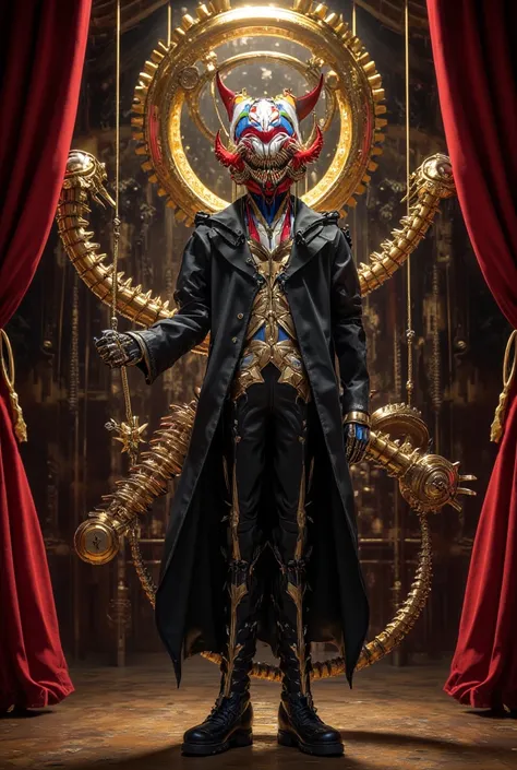  best quality、 CIRCUS、 lots of golden light all over the screen、Lots of golden cogs 、The mechanism、Masterpiece、からくり CIRCUS、theater、clown、colorful sphere、destiny、A wacky marionette doll dressed in black、Lots of medals、anime、Masterpiece、からくり CIRCUS