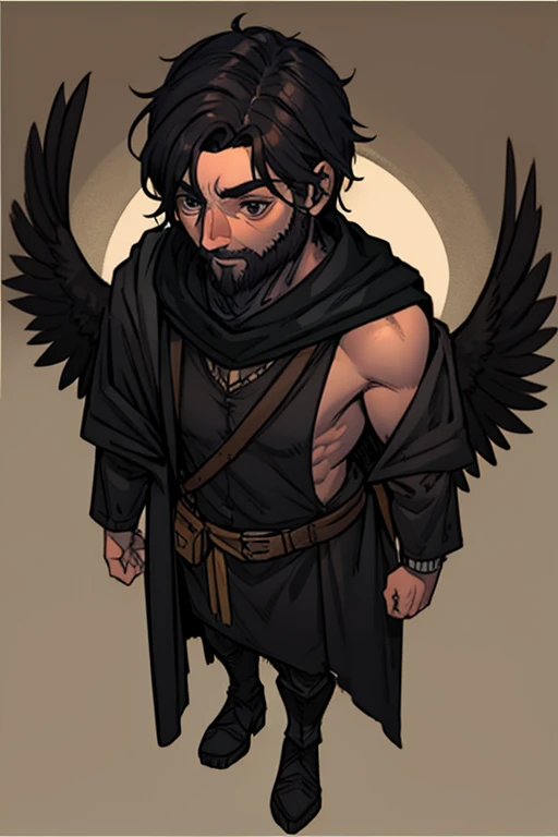  I want a human character, with a raven on his shoulder and black medieval clothes, in a hunting position ,  with a look of someone looking for something ,  Showing the entire body ,  but walking .  small crow on the shoulder ,  the human has the crow as a...