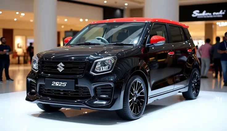 A photo of a modified [ The 2025 Maruti Suzuki Omni]with a sleek, full design. Side view, The car is black and has a Red roof. The 2025 Suzuki Omni logo is displayed on the black grille. The car is parked on a white surface. The background is a shopping ma...