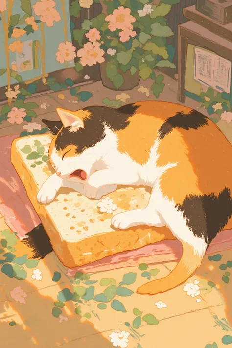  A calico cat is sleeping on a cushion with a bread design, loud yawn on flowers , storybook illustration, close-up view, close-up view, 60s Cartoon , showing her head and navel in close-up , full color illustrations , Additional Details ,60s style anime  ...