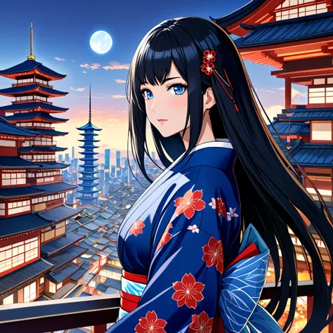 top quality, ShanCV , long hair, black hair,  blue eyes, japanese clothes,  kimono、Futuristic cityscape